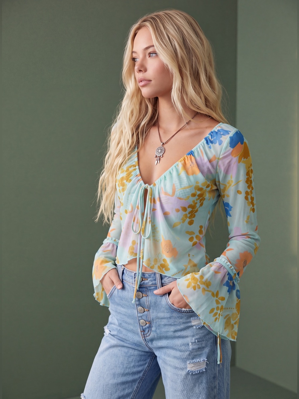 Free People Mint sheer Floral Tie-Front Long Sleeve Top